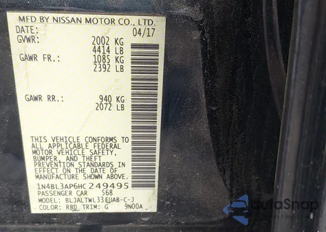 2017 Nissan Altima 3.5 Sl z USA, uszkodzony, nr VIN 1N4BL3AP6HC249495